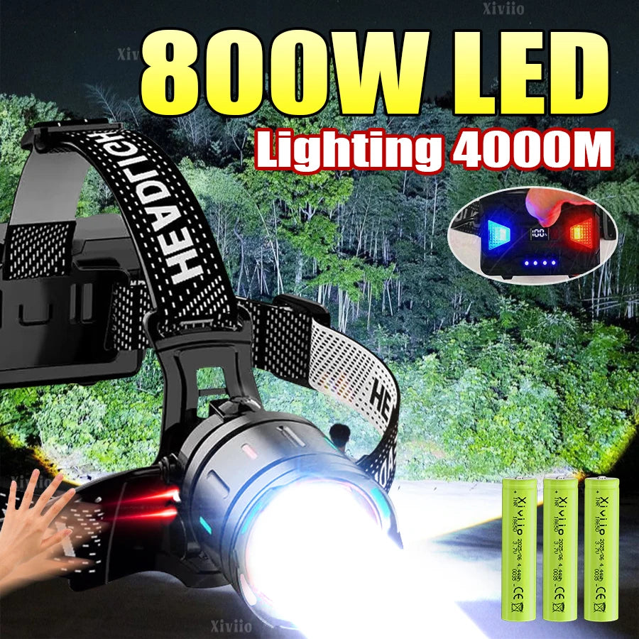 980000000LM 800W Ultra Powerful LED Headlamp Super Bright Zoom 4000M Head Flashlight Rechargeable Hunting Fishing Head Lantern