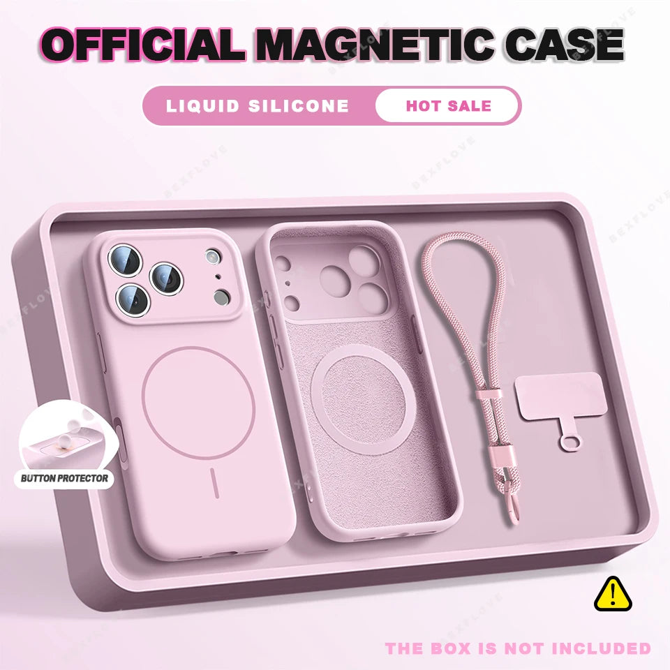Magnetic Wrist Strap Liquid Silicone Phone Case For iPhone 11 12 13 16 17 Pro Max Air 15 14 16 Plus 16E Magsafe Lanyard Cover