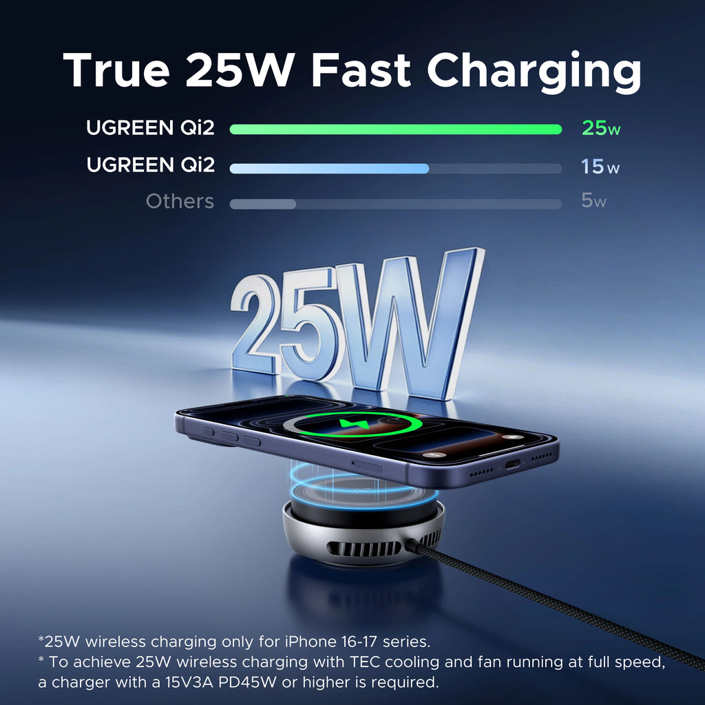 UGREEN MagFlow Pro Qi2.2 25W Magnetic Wireless Charger with Cooling Fan For iPhone 17 16 Pro Max TEC Cooling Charging Pad