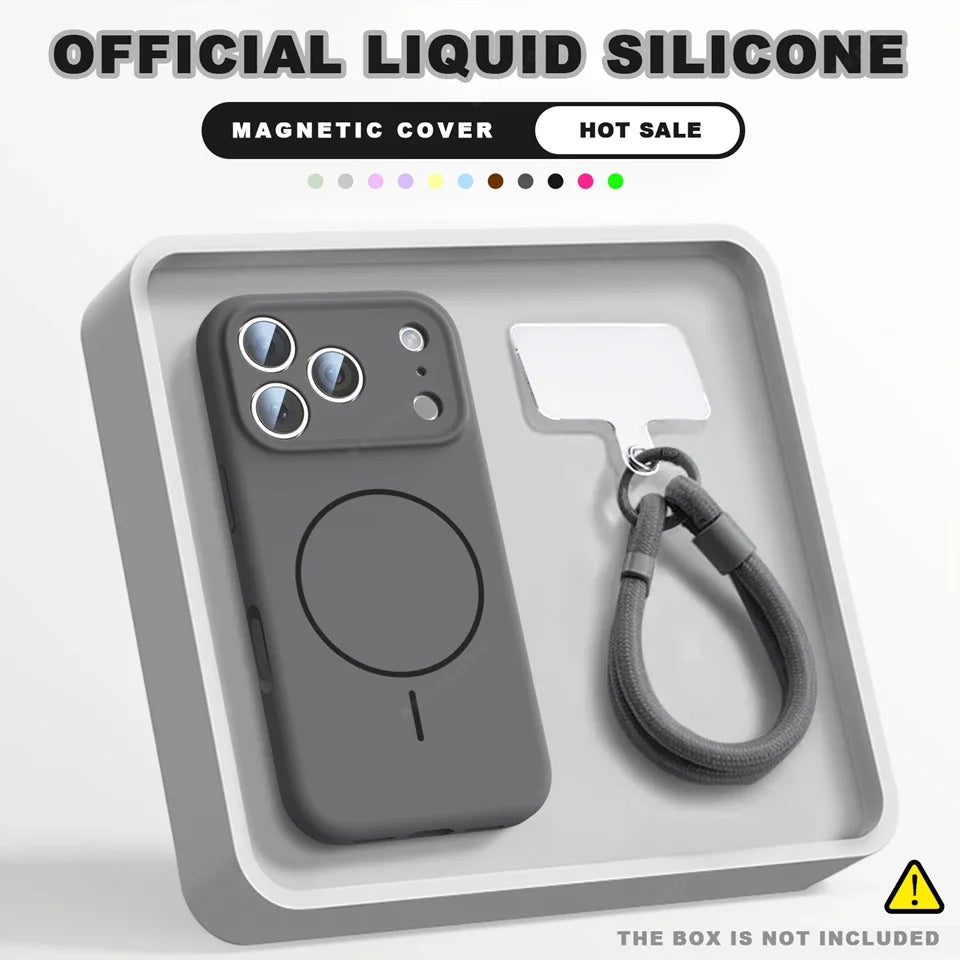 Magnetic Wrist Strap Liquid Silicone Phone Case For iPhone 11 12 13 16 17 Pro Max Air 15 14 16 Plus 16E Magsafe Lanyard Cover