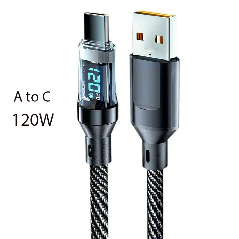 100W 120W USB C Cable Fast Charging Cord with LED Display, USB A to C & C to C Charger Cable High Speed Type C Cable for Phone
