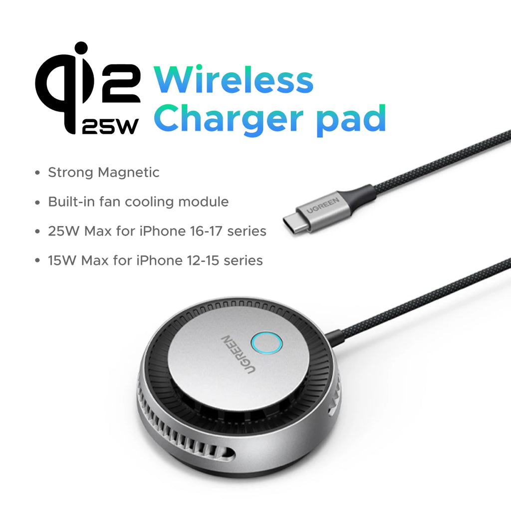 UGREEN MagFlow Pro Qi2.2 25W Magnetic Wireless Charger with Cooling Fan For iPhone 17 16 Pro Max TEC Cooling Charging Pad