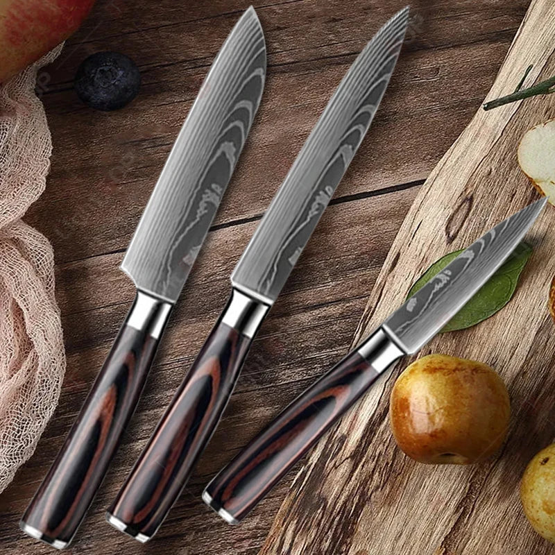 1~3 Pcs Kitchen Knives Laser Damascus Japanese Santoku Cleaver Slicing Utility Chef Knife Wooden Handle Kitchen Accessories
