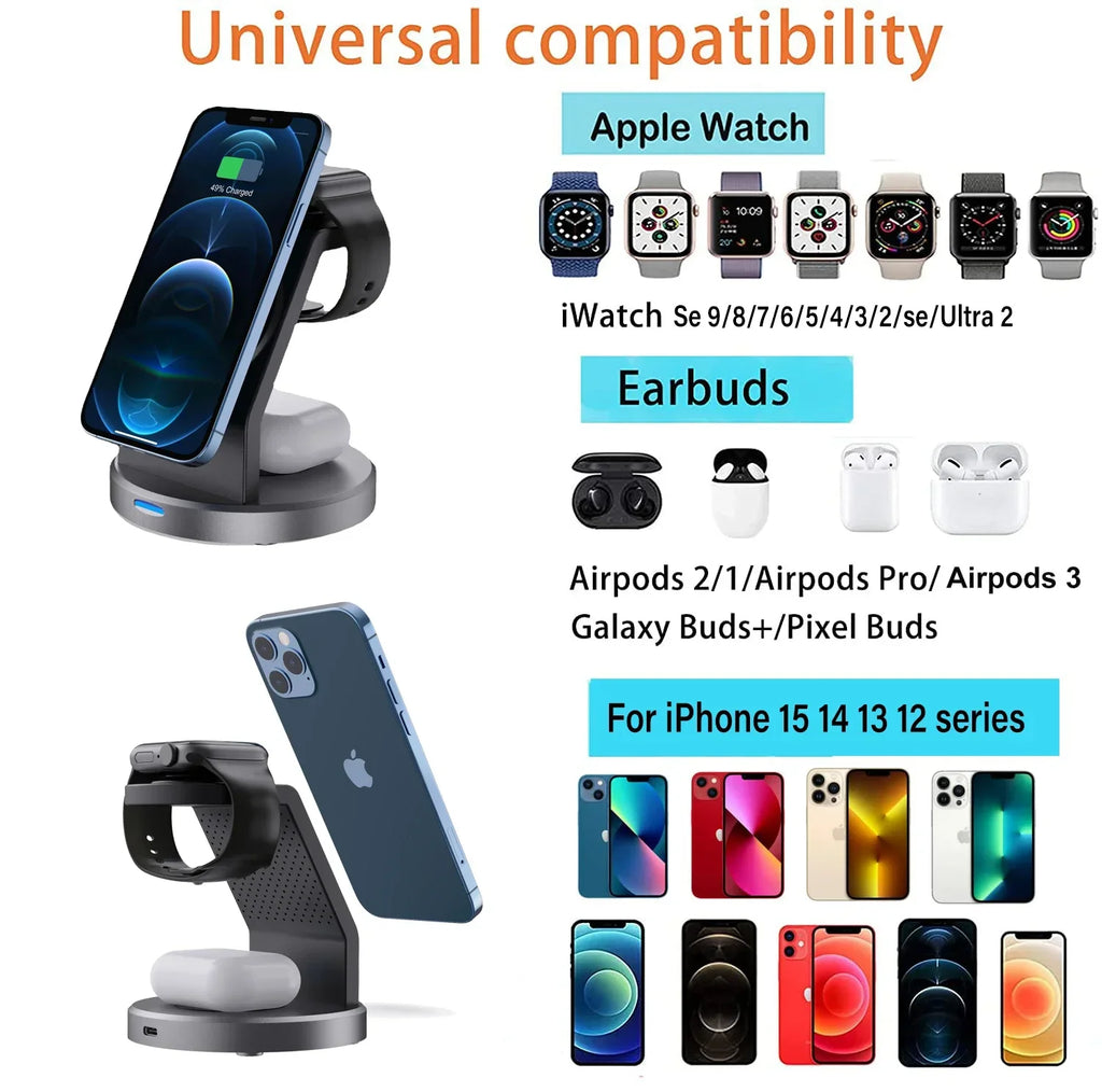 3 In 1 Wireless Charger Stand For iPhone 17 16 15 14 13 12 Pro Max iWatch AirPods Station for MagSafe Fast Charging Station