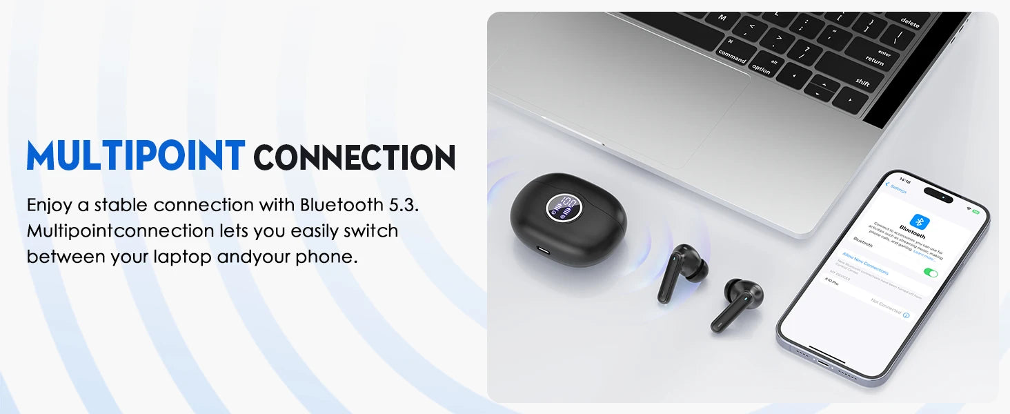 Bluetooth 5.3 Earbuds 50H Playtime LED Display Wireless Headphones ENC Noise Cancelling HiFi Stereo IPX7 Waterproof Sports Heads