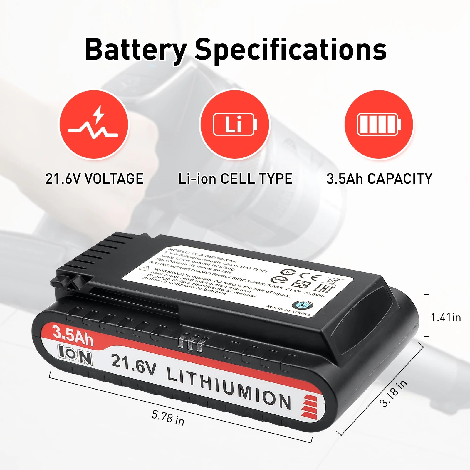 21.6V 3500mAh Replacement Vacuum Cleaner Li-ion Battery for Samsung Jet 90/Jet 75 Pet/Jet 75 Cordless Stick Vacuum VCA-SBT90/XAA