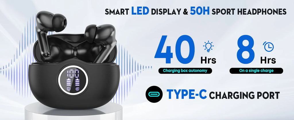 Bluetooth 5.3 Earbuds 50H Playtime LED Display Wireless Headphones ENC Noise Cancelling HiFi Stereo IPX7 Waterproof Sports Heads